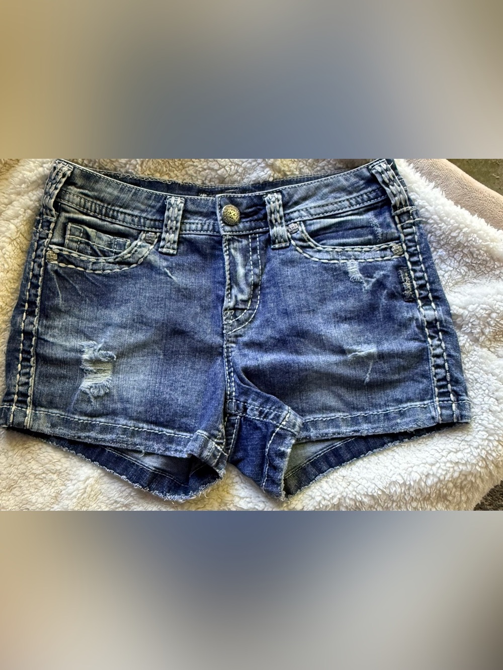 Aiko Midi Short Distressed Denim Jean Shorts Blue W27/L3